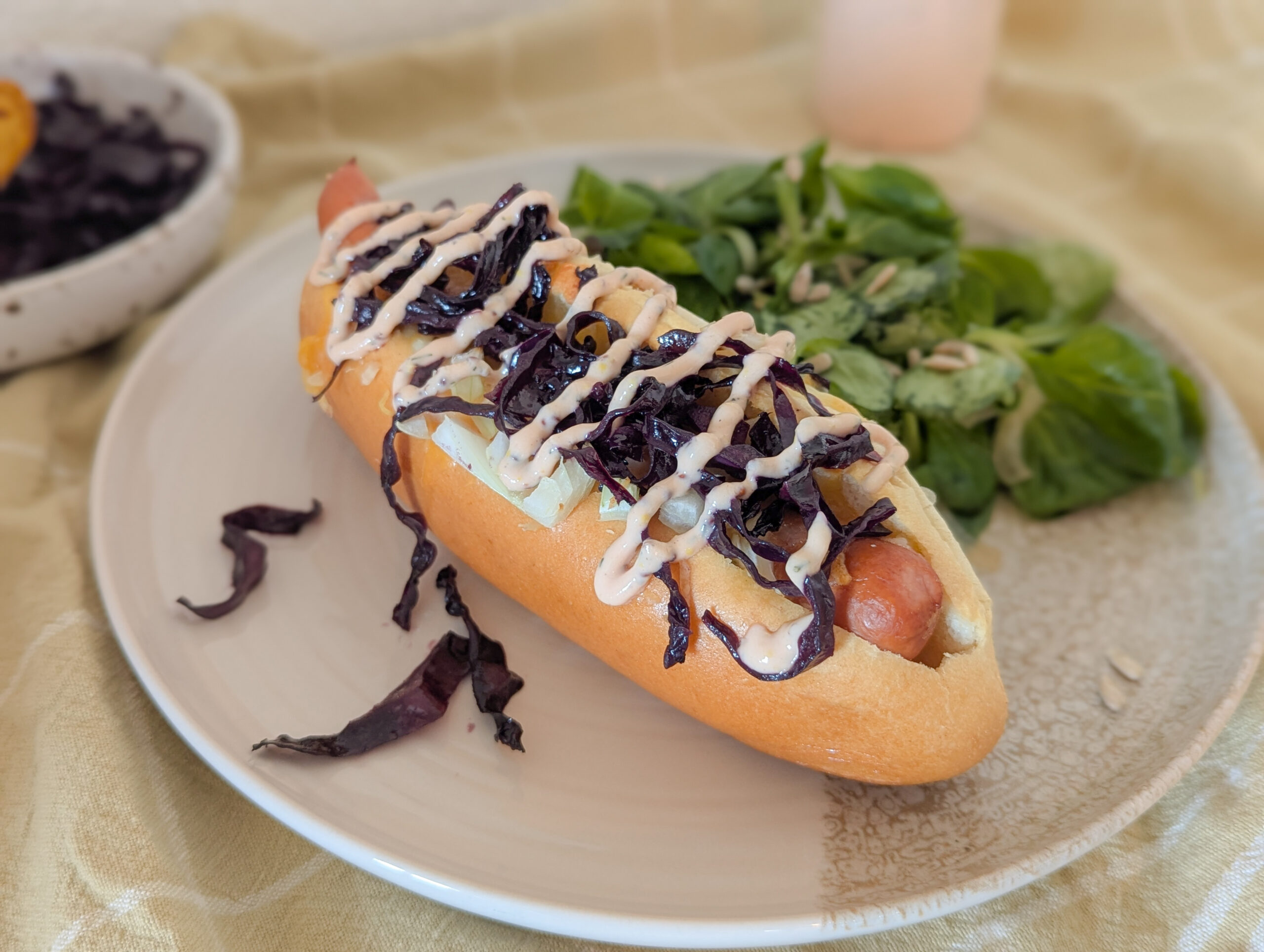 Hot-dog maison garni de chou rouge caramélisé et d’une sauce légère au séré, servi avec une salade de doucette.